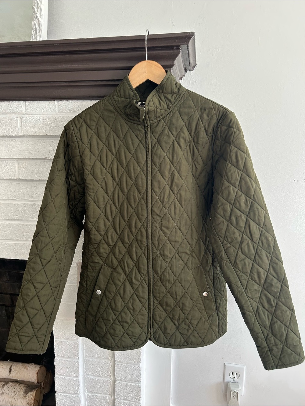 Lands' End Women's Quilted Trench Coat in Olive with Light Green Lining